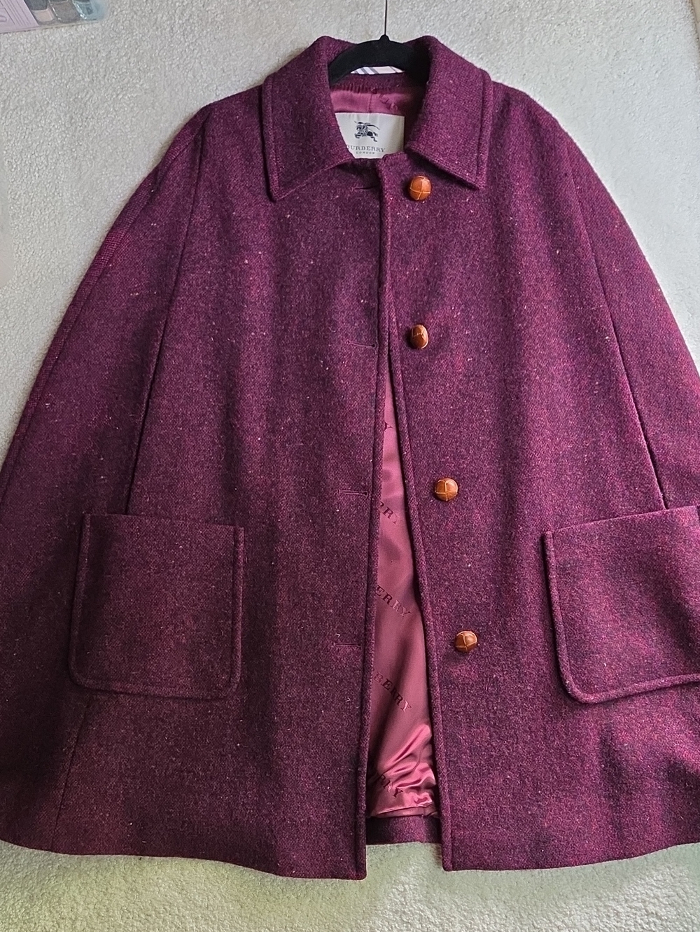 Burberry London Lambswool Burgundy Tweed Cape Size M